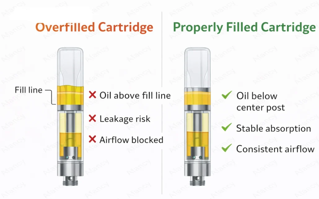 vape cartridge oil leakage caused by overfilling during filling